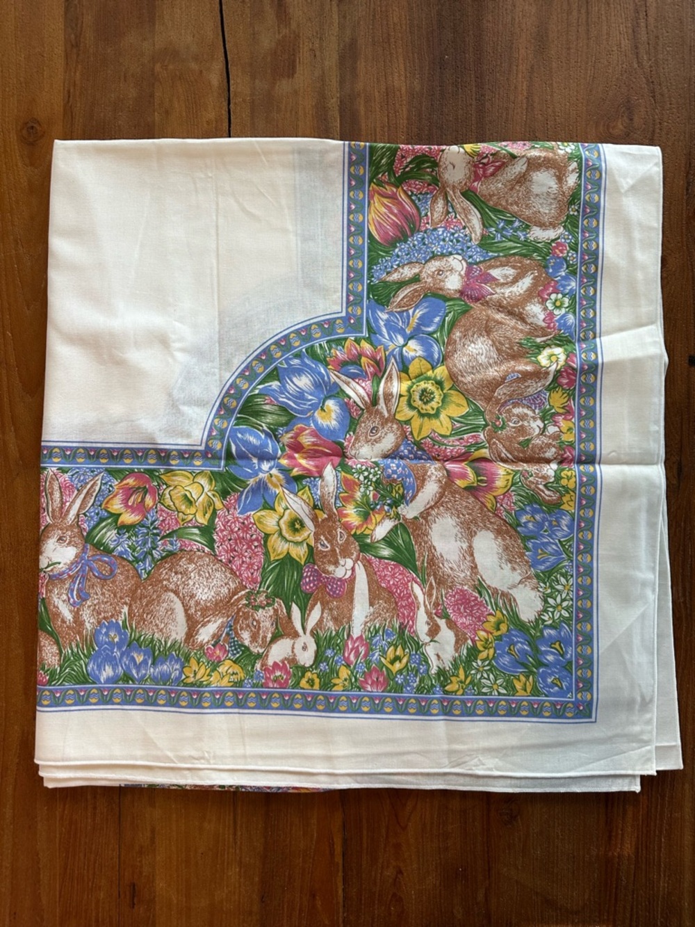Vintage 90s Easter Bunny Floral Tablecloth Cotton Cottagecore Spring Decor